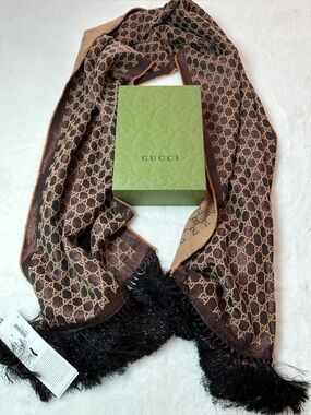 Gucci Brown & Tan GG Logo Scarf with brown Fringe